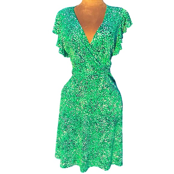 Jessica Howard Midi Dress Kelly Green Faux Wrap Ruched-Waist Fit Flare‎ Zip 12 - Picture 1 of 15
